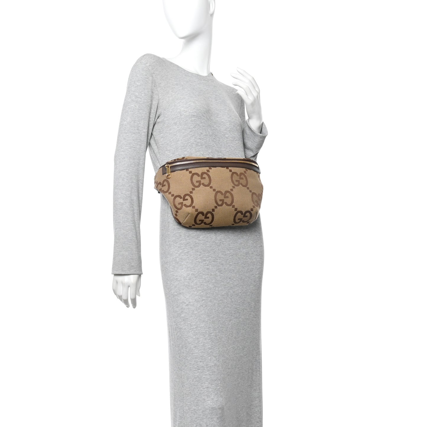 Monogram Jumbo GG Textured Dollar Calfskin Web Belt Bag Camel Ebony New Acero