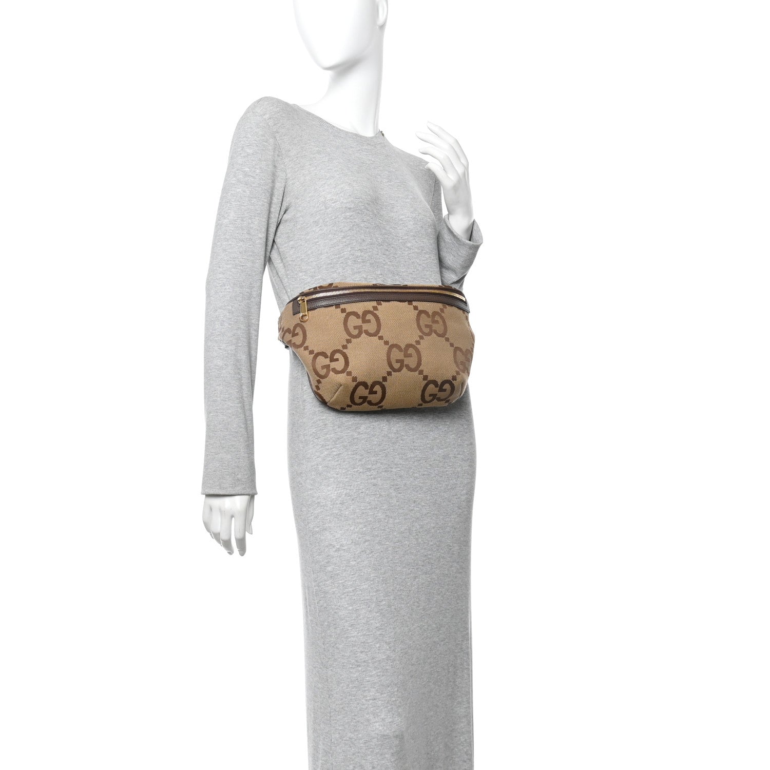 Gucci Monogram Jumbo GG Textured Dollar Calfskin Web Belt Bag Camel Ebony New Acero 2 of 10