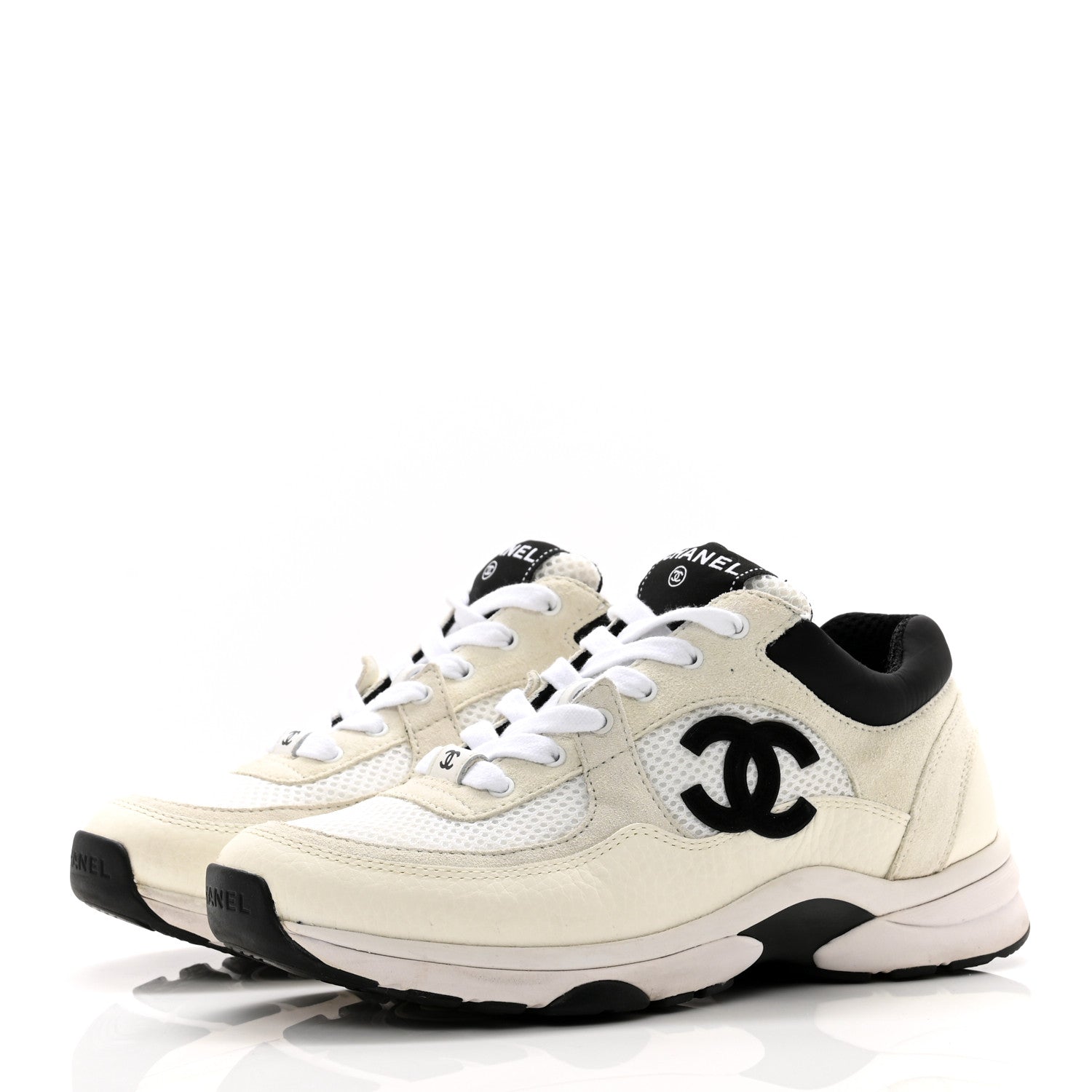 Chanel Mesh Suede Calfskin Grained Calfskin Womens CC Sneakers 37 White Black 3 of 8