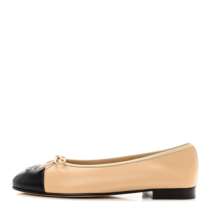 Chanel Lambskin Cap Toe CC Ballerina Flats 38.5 Beige Black 1 of 9