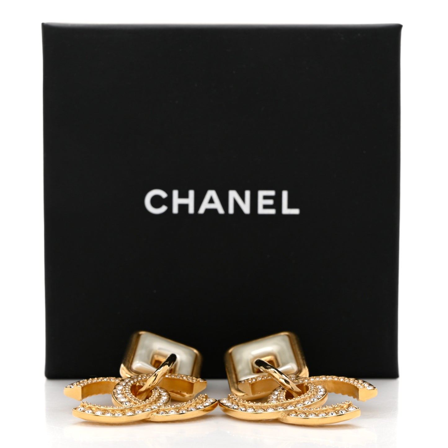 Crystal Pearl CC Square Drop Earrings Gold Pearly White