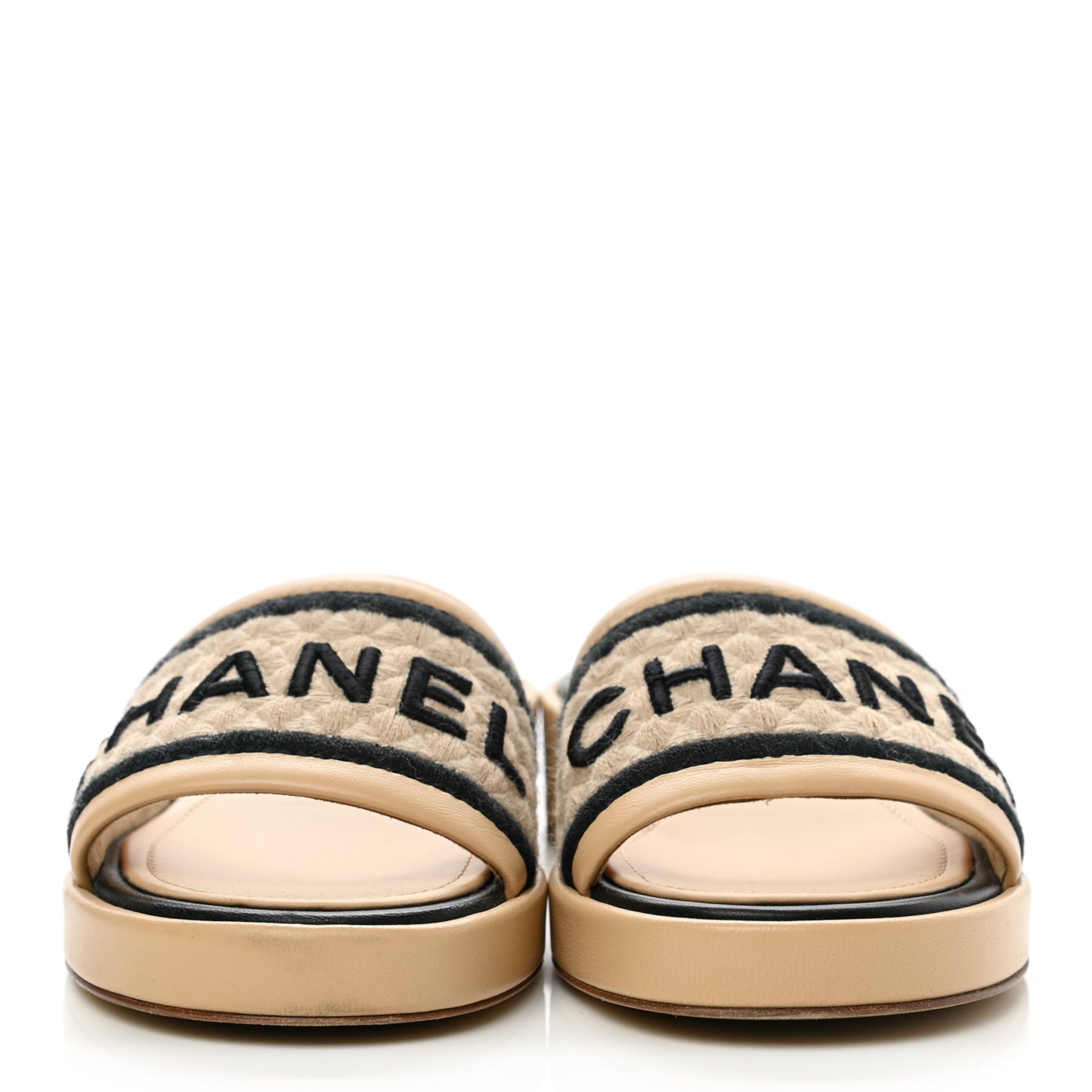 Lambskin Embroidered CC Mule Sandal 35 Beige Black