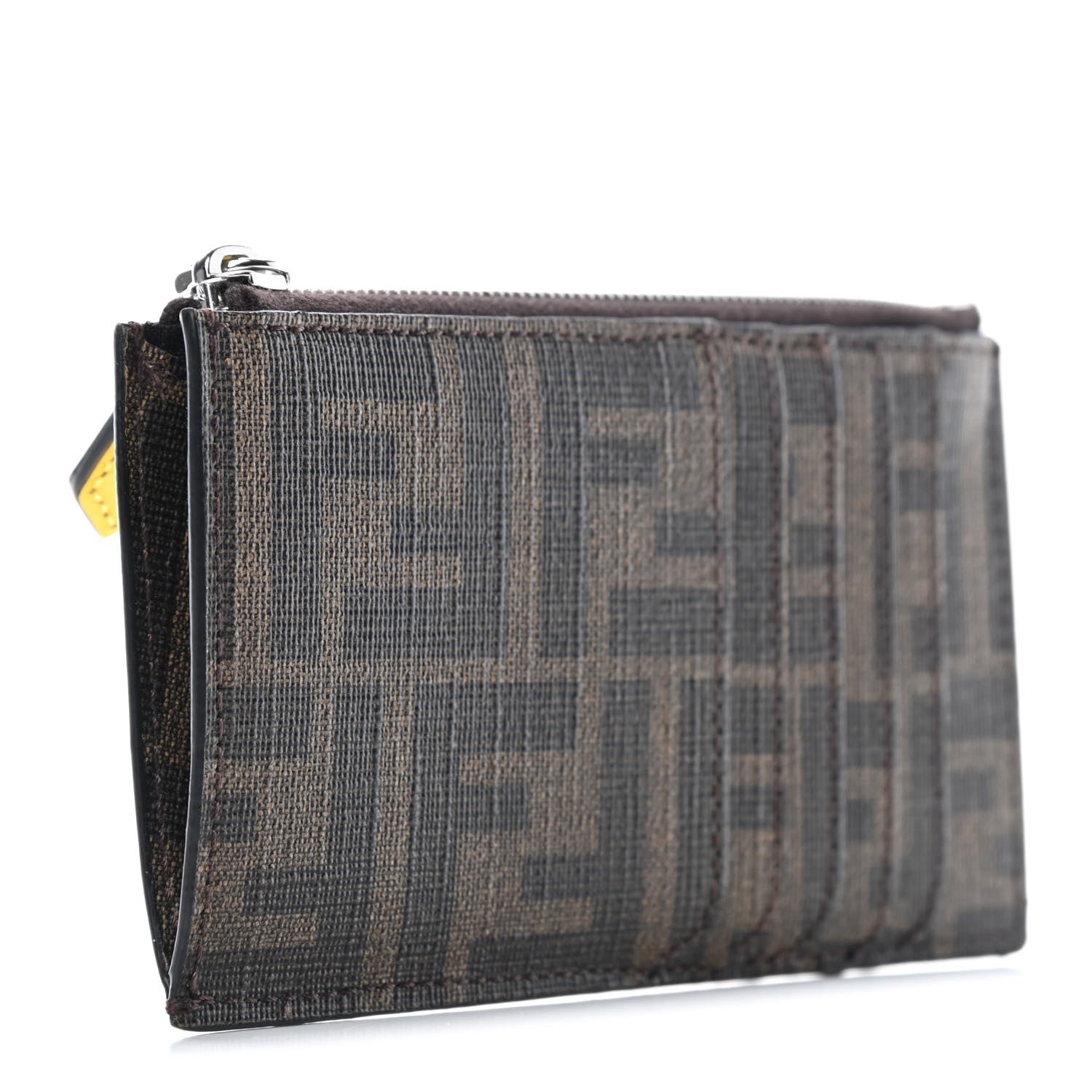 Fendi Glazed Fabric FF 1974 Roma Amor Zip Card Holder Wallet Tobacco Limone 2 of 4