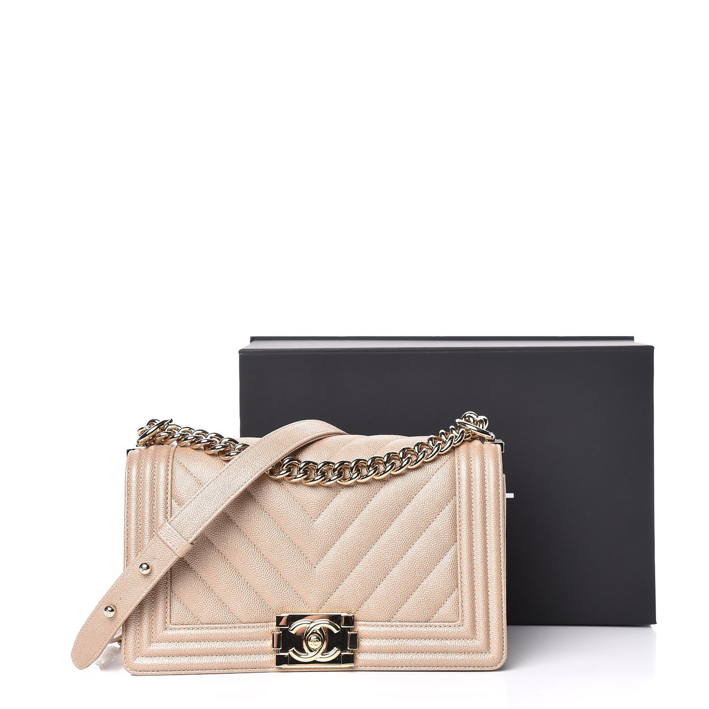 Metallic Caviar Chevron Quilted Medium Boy Flap Light Beige
