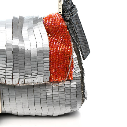 Fendi Sequin Beaded Lizard Baguette Silver Orange 13 of 14