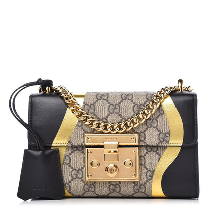 Gucci Calfskin GG Supreme Monogram Small Padlock Shoulder Bag Black Gold 1 of 10