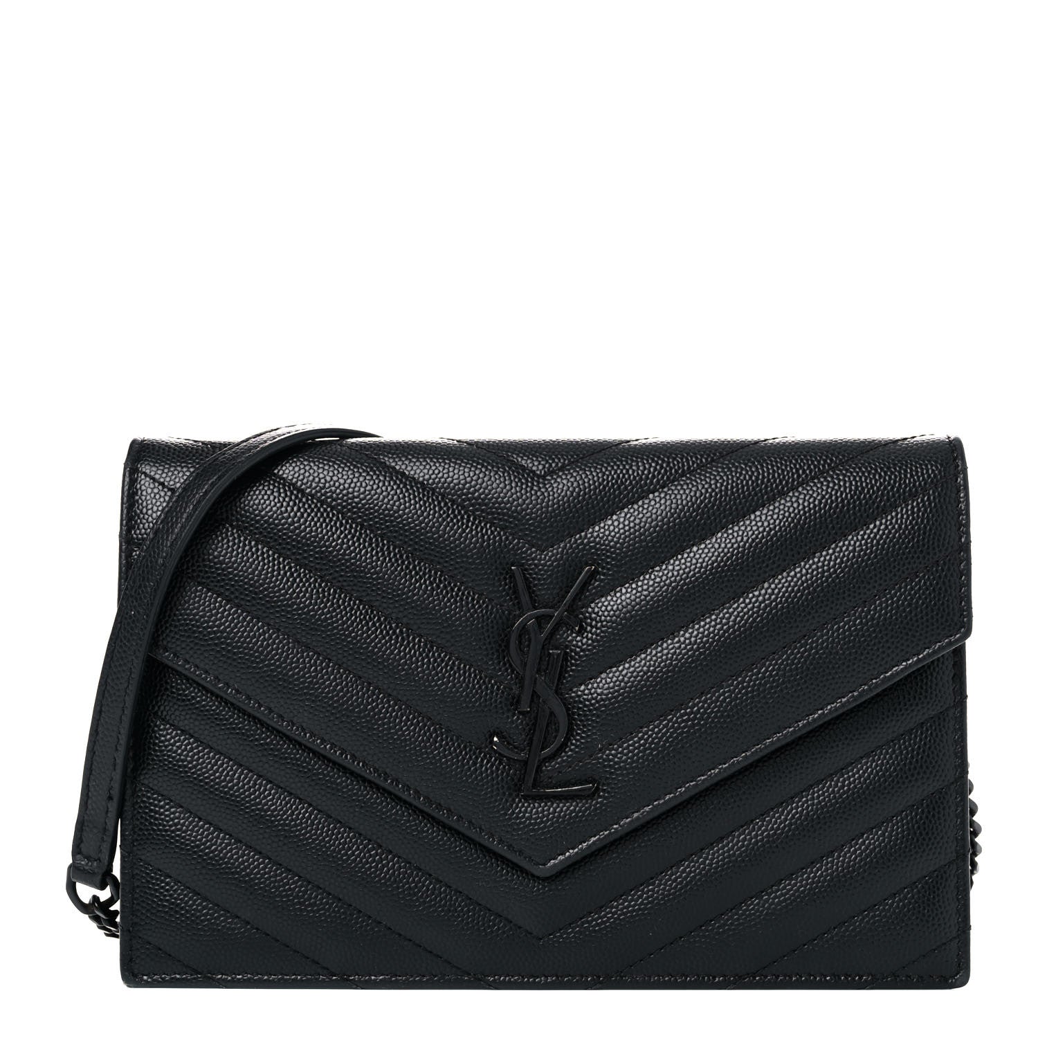 Saint Laurent Grain De Poudre Matelasse Chevron Monogram Monochrome Envelope Chain Wallet Black 1 of 18
