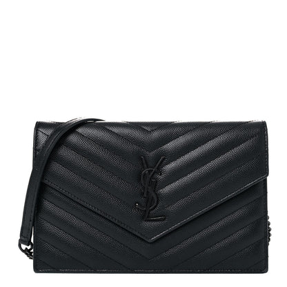 Saint Laurent Grain De Poudre Matelasse Chevron Monogram Monochrome Envelope Chain Wallet Black 1 of 18