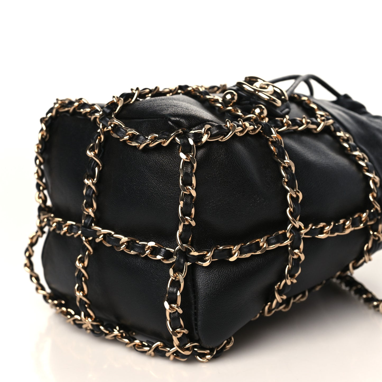 Lambskin Bucket Chain Drawstring Bag Black