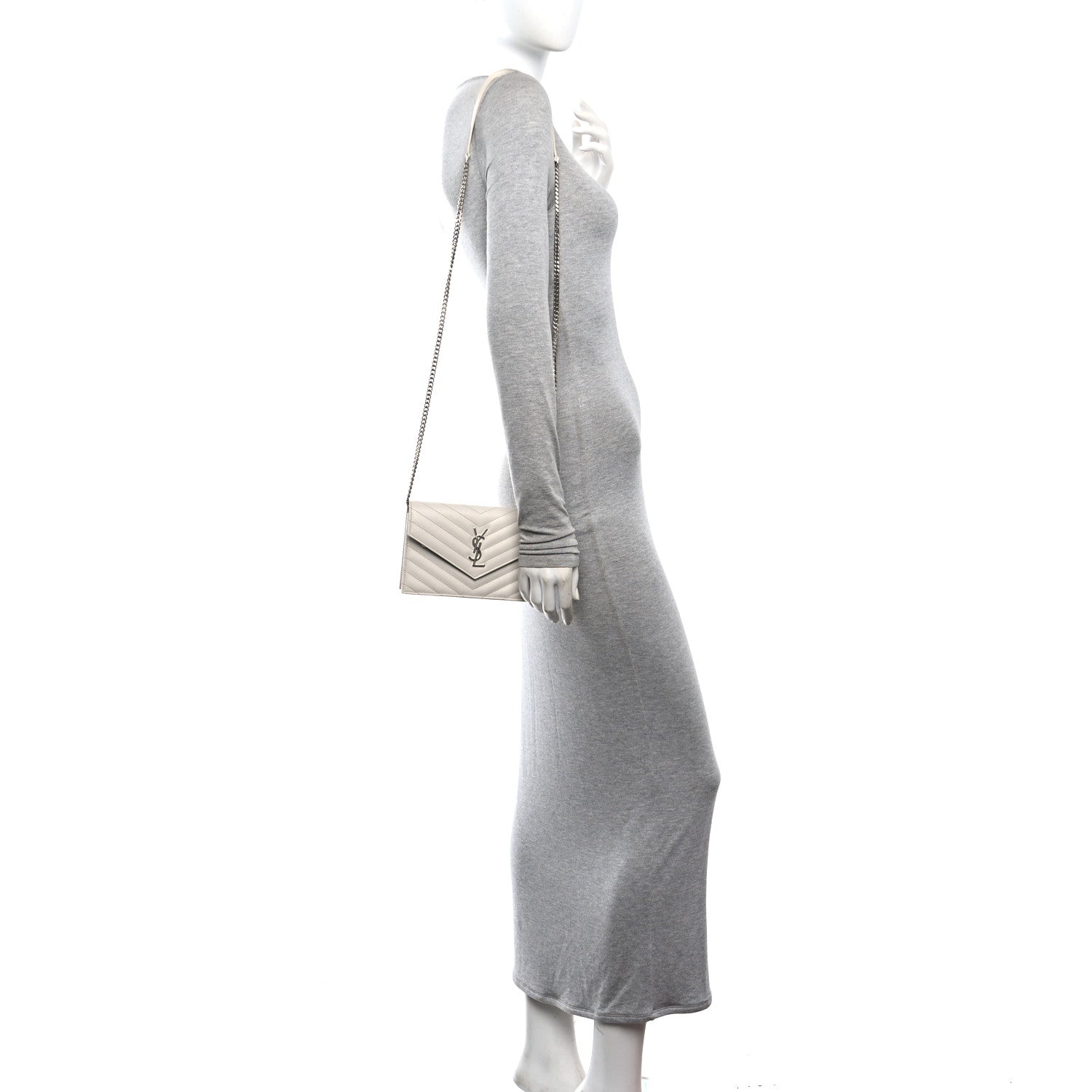 Saint Laurent Grain De Poudre Matelasse Chevron Monogram Envelope Chain Wallet Optical White 2 of 11