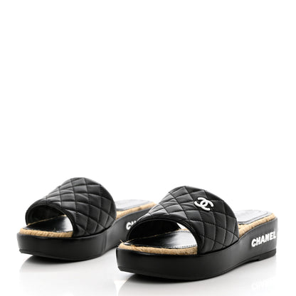 Chanel Lambskin Quilted CC Mules Sandals 36 Black White 3 of 13