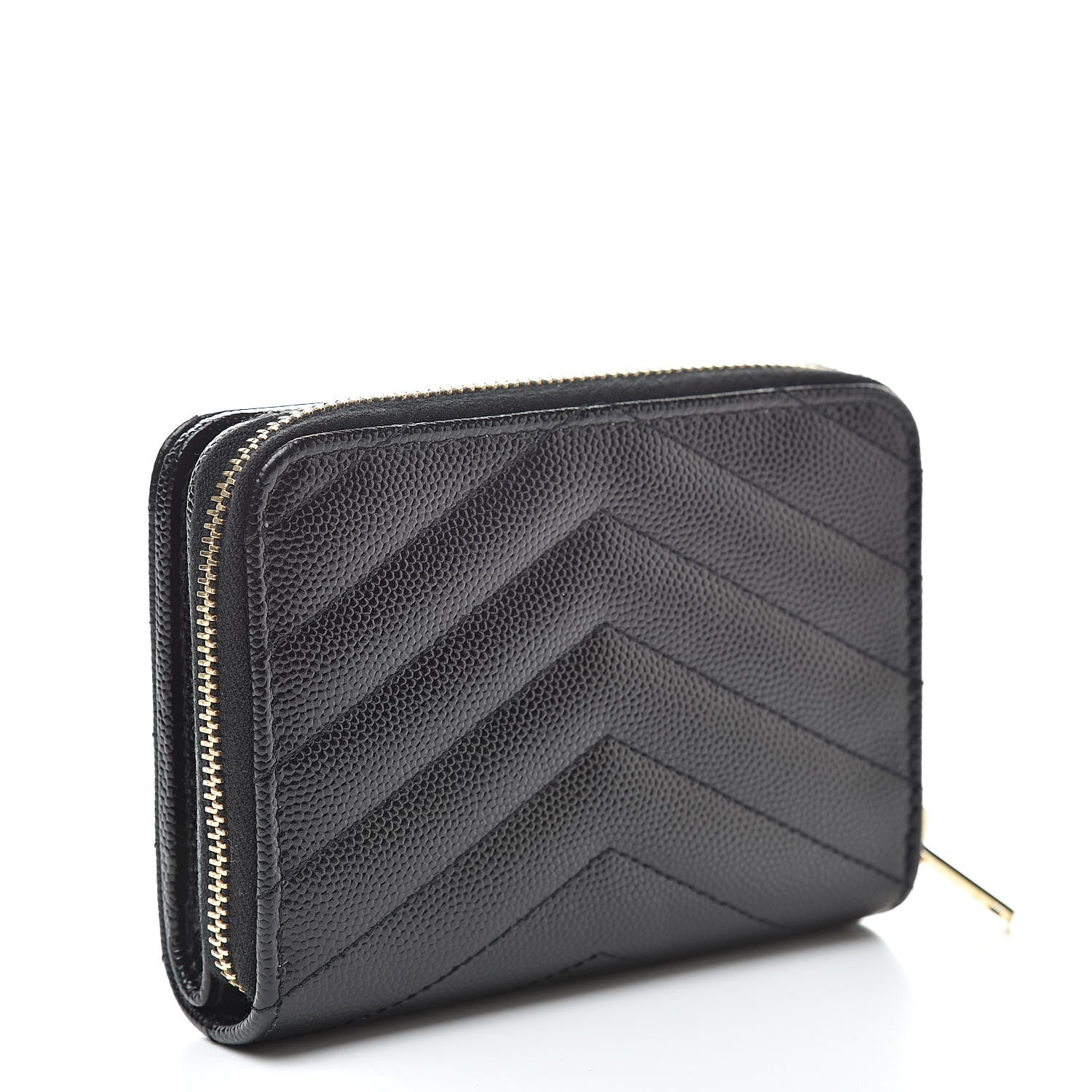 Saint Laurent Grain De Poudre Matelasse Chevron Monogram Compact Zip Around Wallet Black 3 of 9