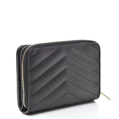 Saint Laurent Grain De Poudre Matelasse Chevron Monogram Compact Zip Around Wallet Black 3 of 9