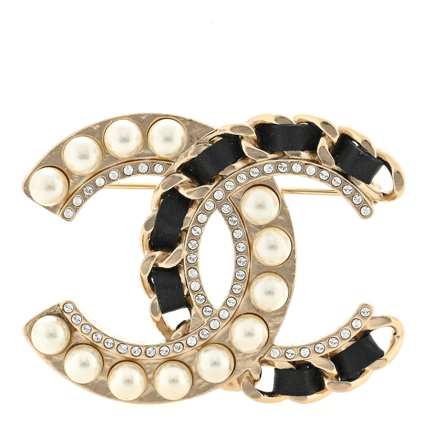 Lambskin Pearl Crystal CC Chain Brooch Black Gold