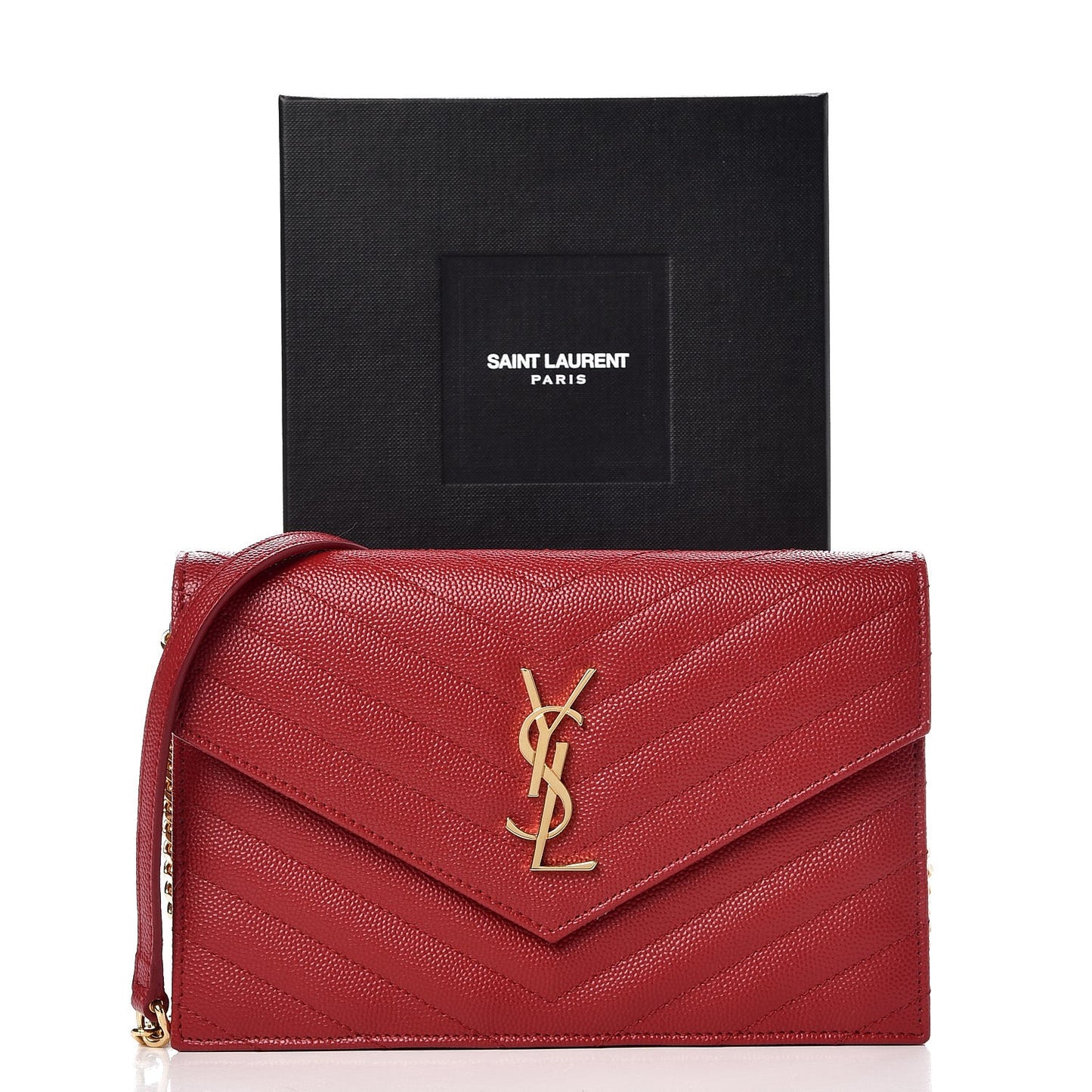 Grain De Poudre Matelasse Chevron Monogram Envelope Chain Wallet New Red