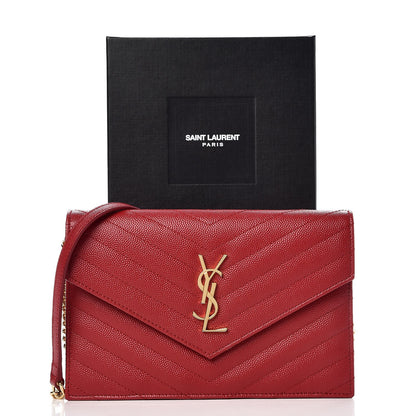 Saint Laurent Grain De Poudre Matelasse Chevron Monogram Envelope Chain Wallet New Red 8 of 8