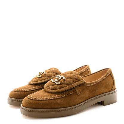 Chanel Suede Kidskin Quilted CC Turnlock Loafers 38.5 Light Brown 4 of 9