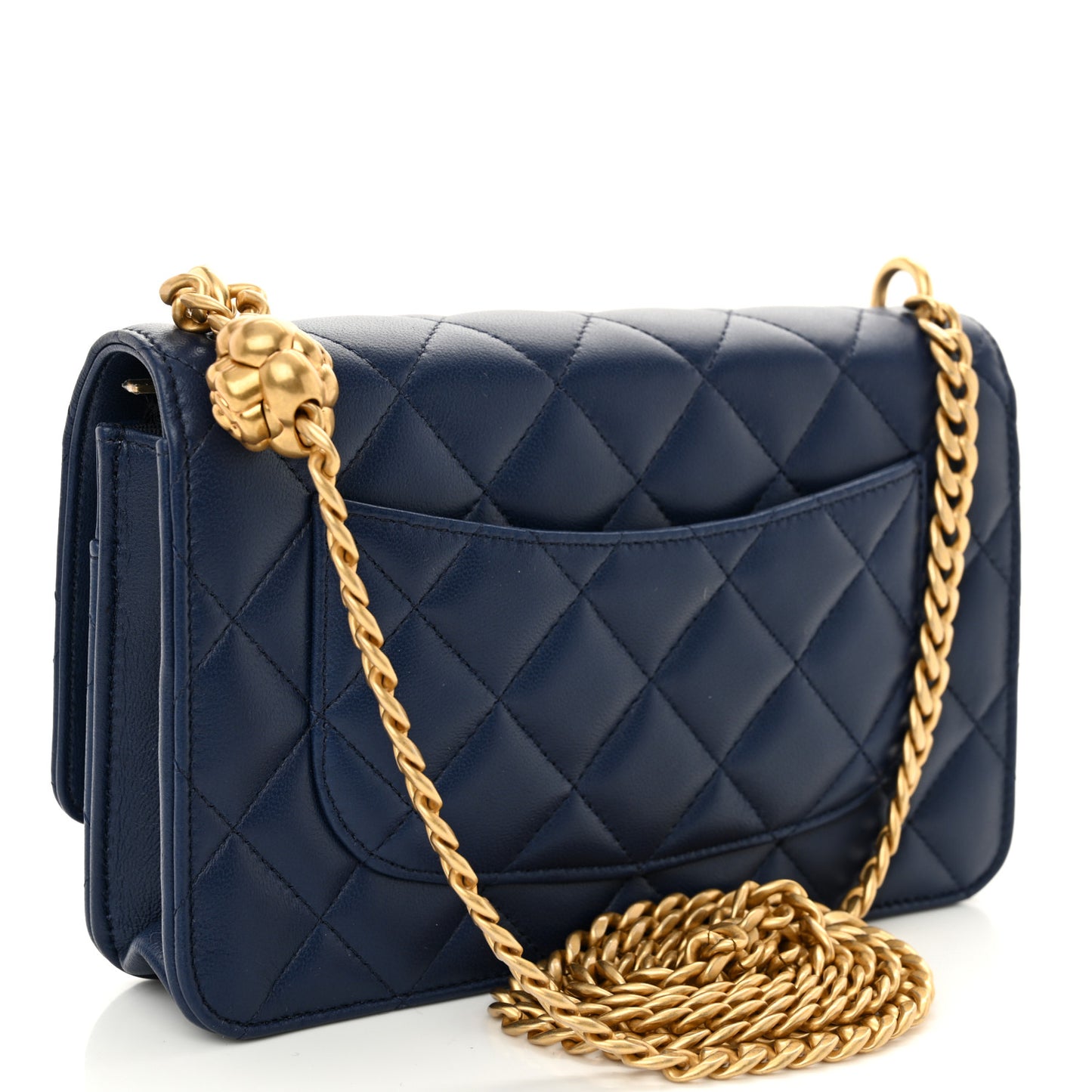 Lambskin Quilted Sweet Camellia Wallet On Chain WOC Navy Blue