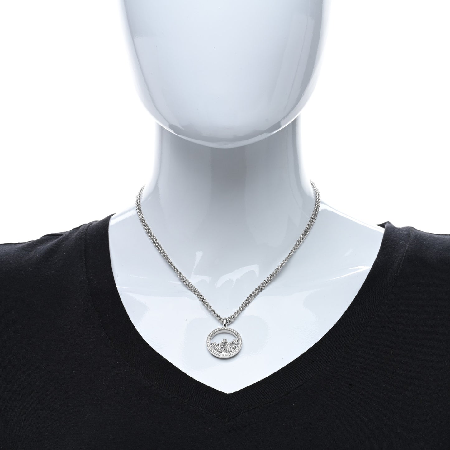18K White Gold Diamond Happy Diamond Moon Stars Double Chain Pendant Necklace