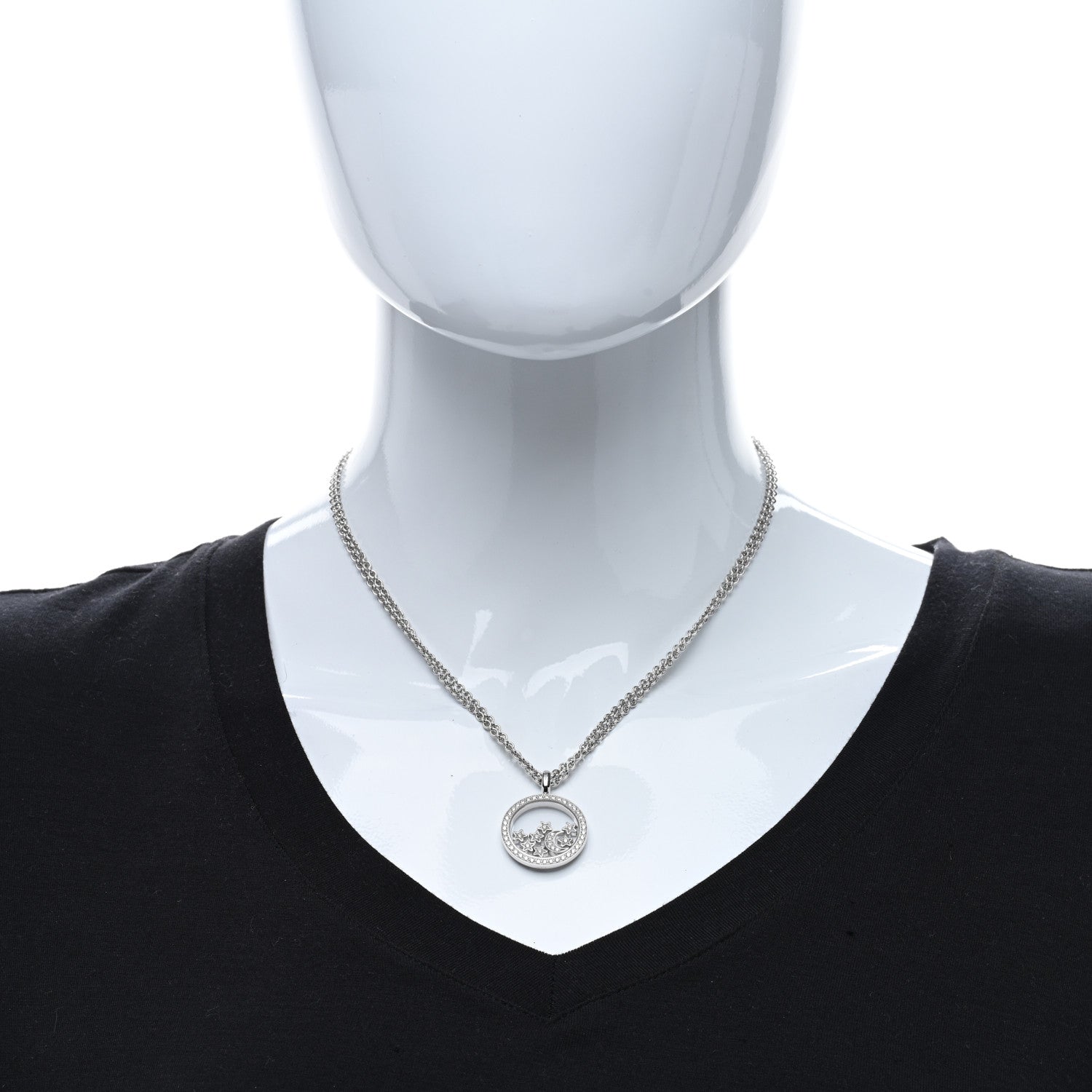 Chopard 18K White Gold Diamond Happy Diamond Moon Stars Double Chain Pendant Necklace 3 of 5