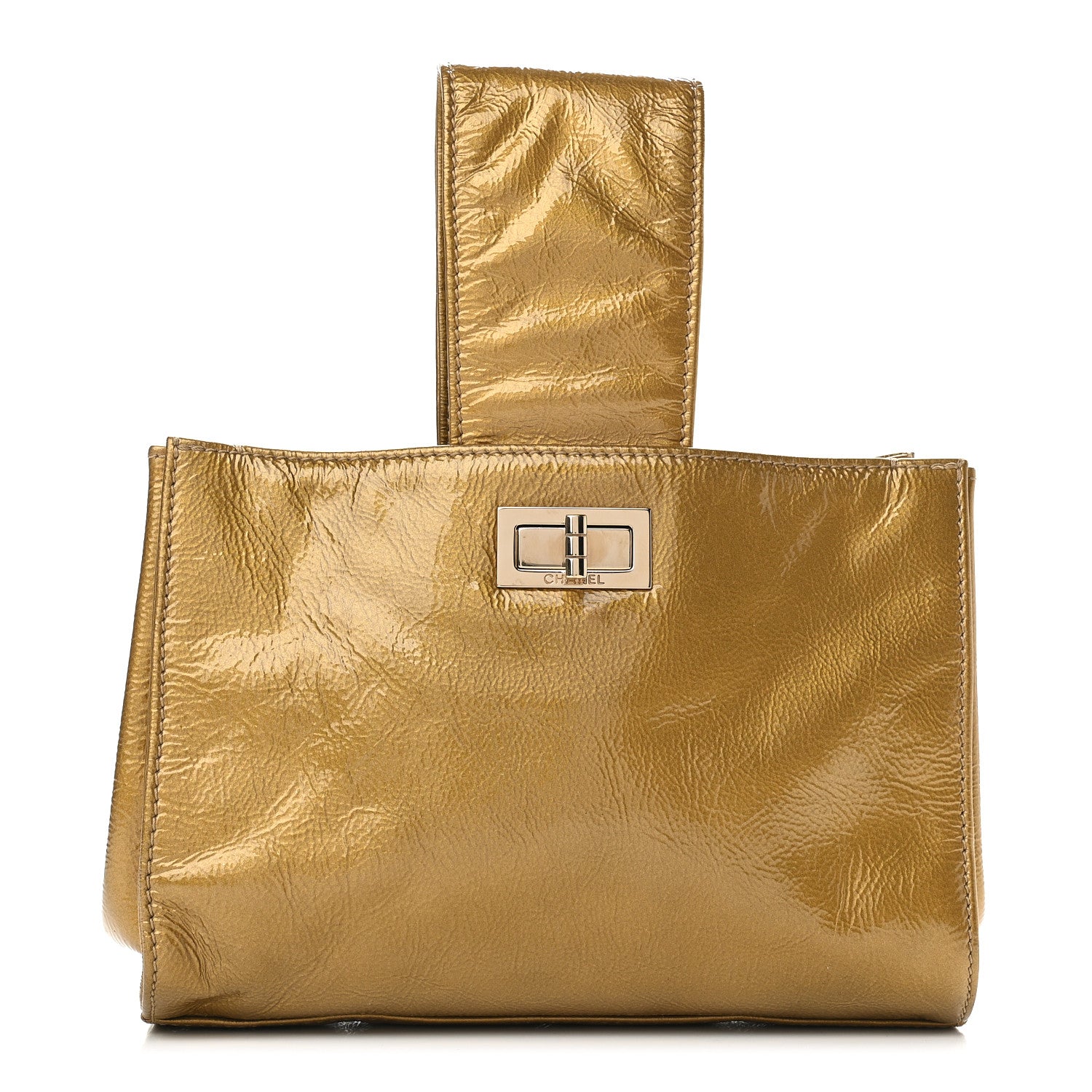 Chanel Metallic Patent Mademoiselle Lock Convertible Wrist Clutch Bag Gold 3 of 11