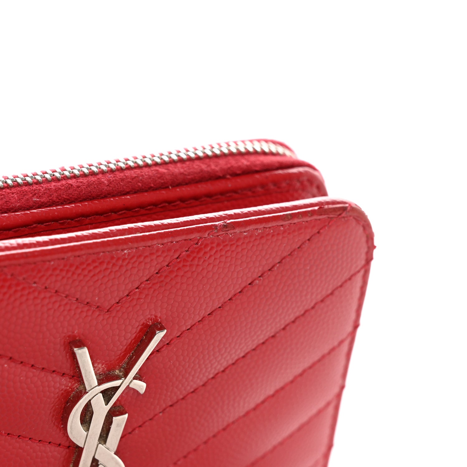 Saint Laurent Grain De Poudre Matelasse Chevron Monogram Compact Zip Around Wallet Red 9 of 9