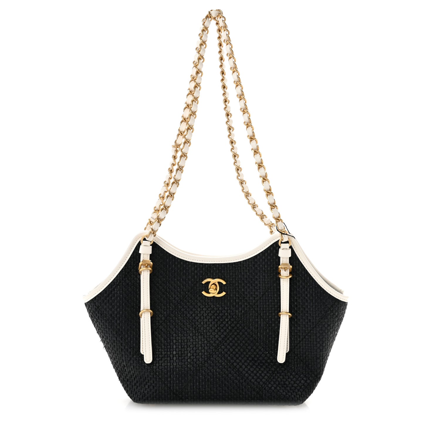 Braided Raffia Calfskin Stitched Small Shopping Tote Black White