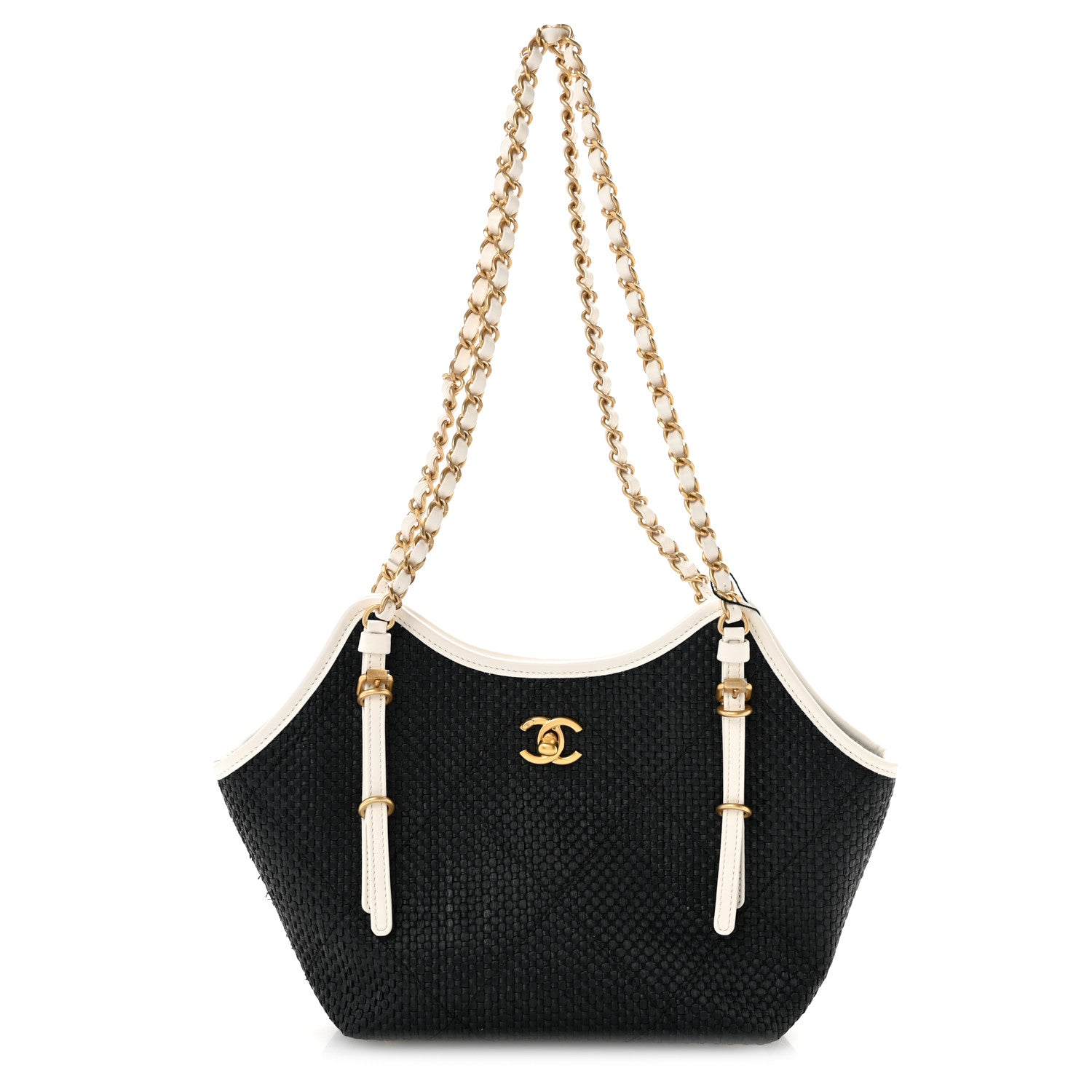 Chanel Braided Raffia Calfskin Stitched Small Shopping Tote Black White 1 of 10