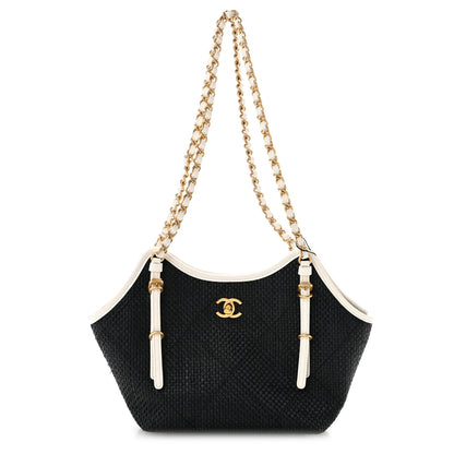 Chanel Braided Raffia Calfskin Stitched Small Shopping Tote Black White 1 of 10