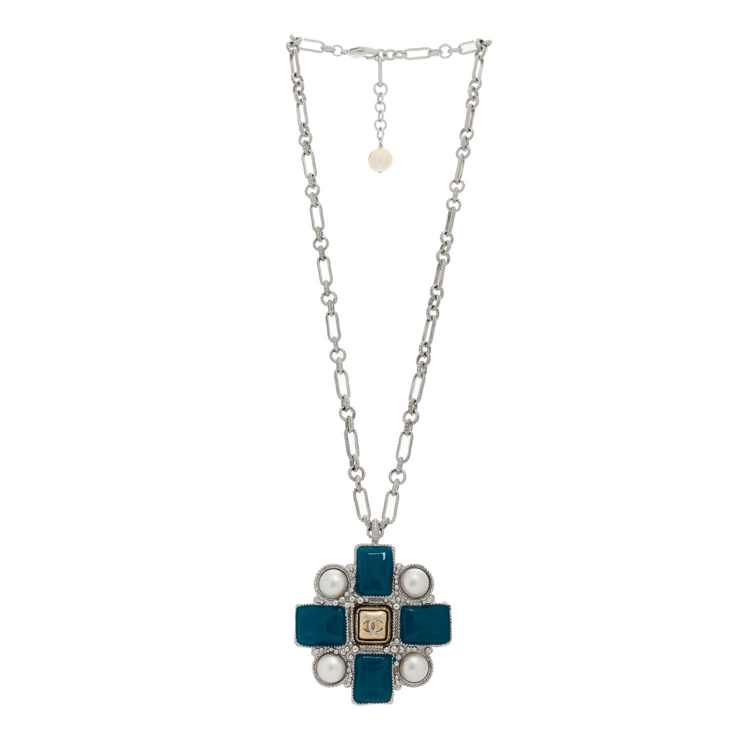 Chanel Gripoix Poured Glass Pearl CC Pendant Necklace Turquoise Silver 3 of 6