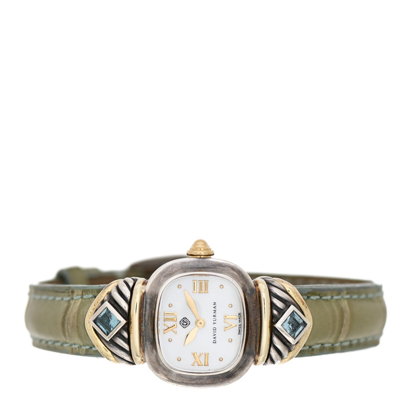 Sterling Silver 14K Yellow Gold Alligator Blue Topaz Mother of Pearl 21mm Classic Quartz Watch