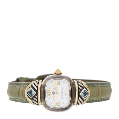 David Yurman Sterling Silver 14K Yellow Gold Alligator Blue Topaz Mother of Pearl 21mm Classic Quartz Watch 2 of 4