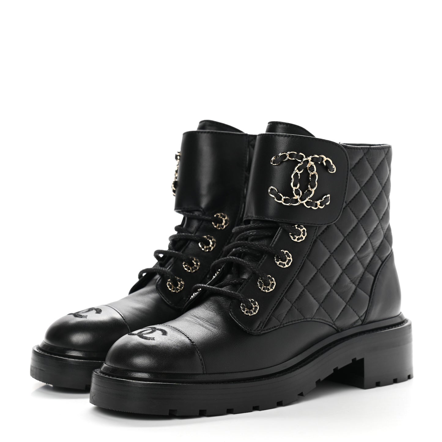 Shiny Lambskin Quilted Lace Up Combat Boots 38 Black
