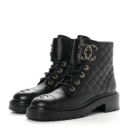 Chanel Shiny Lambskin Quilted Lace Up Combat Boots 38 Black 3 of 8