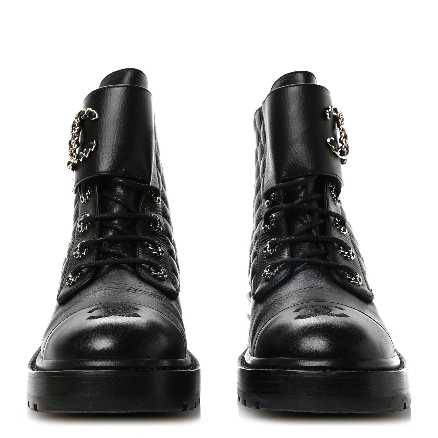 Chanel Shiny Goatskin Calfskin Quilted Lace Up Combat Boots 40.5 Black 3 of 7