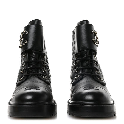 Chanel Shiny Goatskin Calfskin Quilted Lace Up Combat Boots 40.5 Black 3 of 7