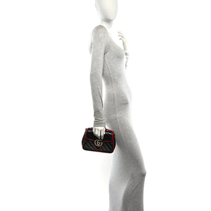 Gucci Vintage Effect Calfskin Matelasse Diagonal Mini Torchon GG Marmont Top Handle Shoulder Bag Black Romantic Cherry 2 of 10