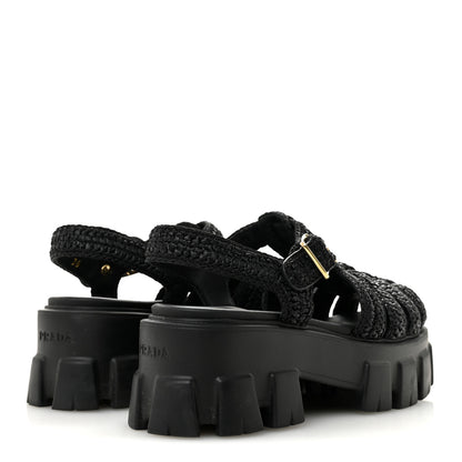 Prada Raffia Metal Triangle Logo Crochet Monolith 55mm Cage Sandals 36 Black 5 of 10