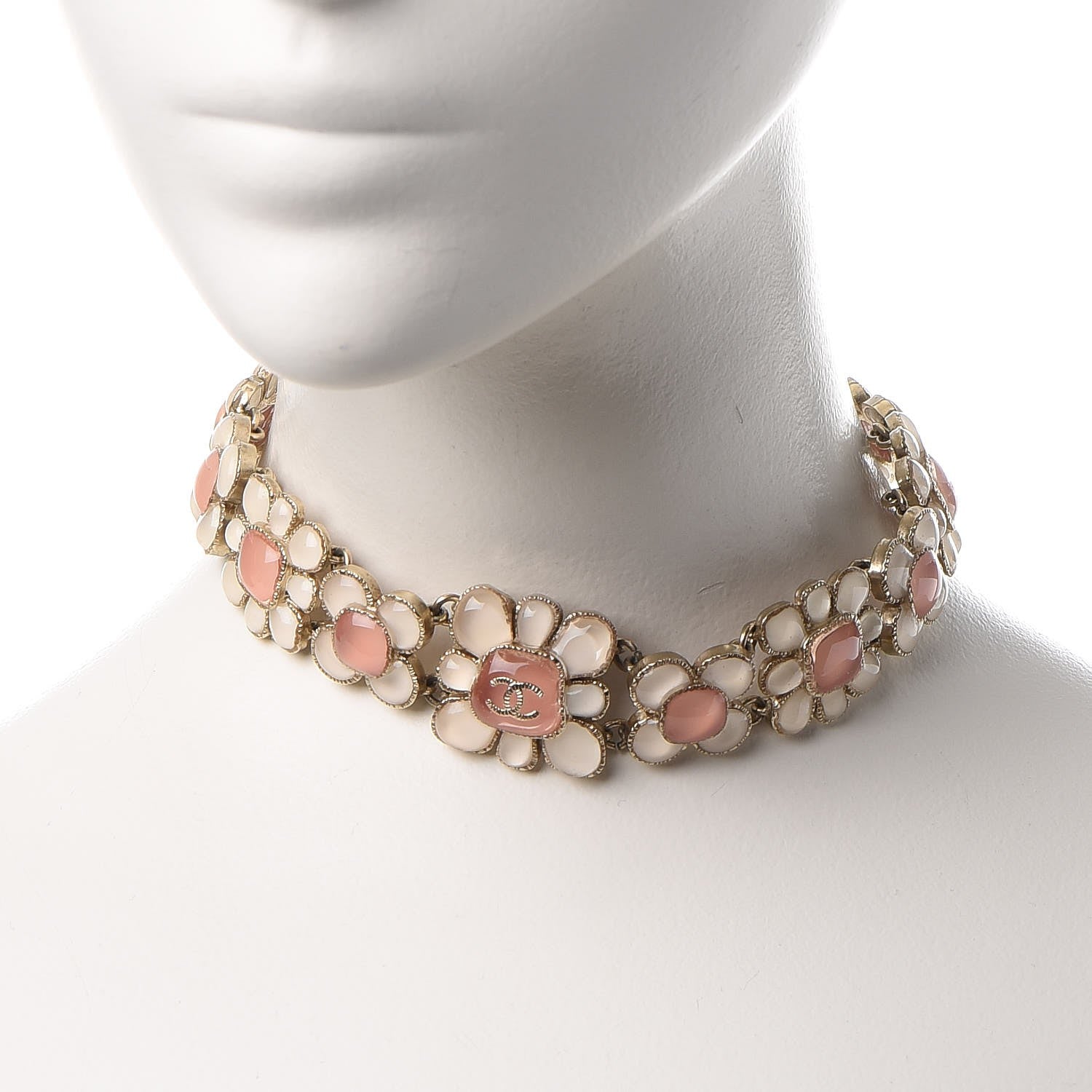 Chanel Gripoix Poured Glass CC Korean Blossom Choker Necklace Gold Pink White 2 of 9
