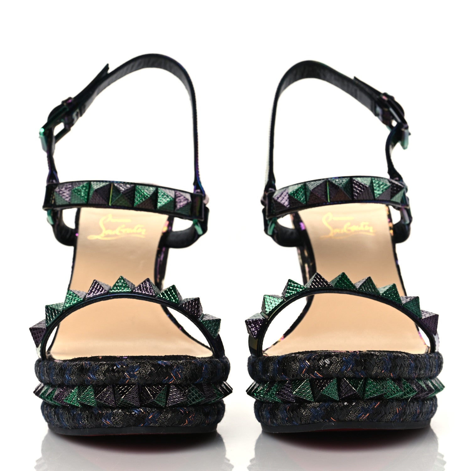 Christian Louboutin Patent Calfskin Dark Rainbow Print Pyraclou 110 Wedge Sandals 40 Black Multicolor 2 of 7