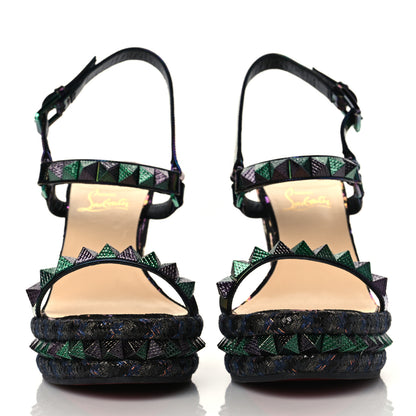 Christian Louboutin Patent Calfskin Dark Rainbow Print Pyraclou 110 Wedge Sandals 40 Black Multicolor 2 of 7