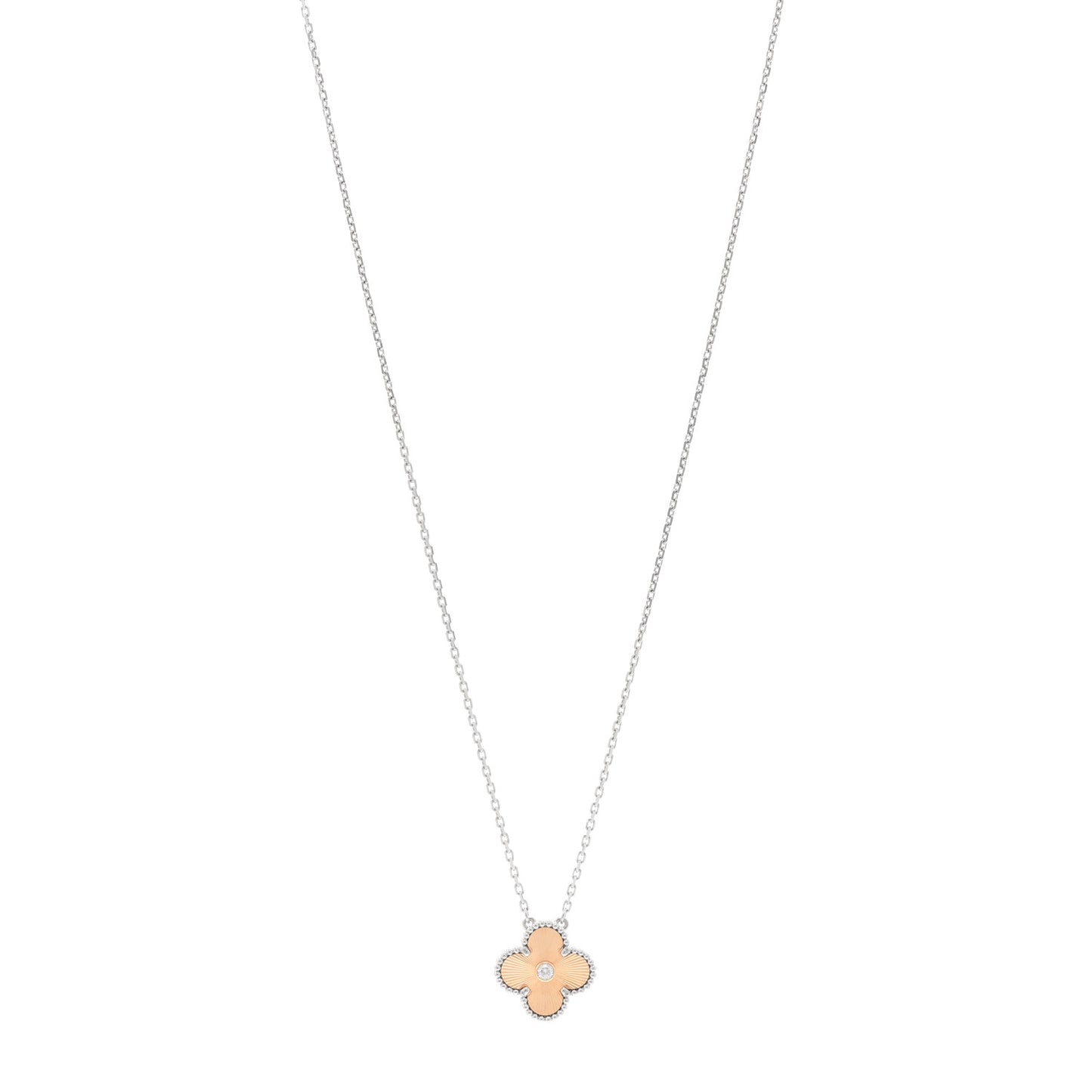 18K White Rose Gold Diamond Guilloche Vintage Alhambra Pendant Necklace