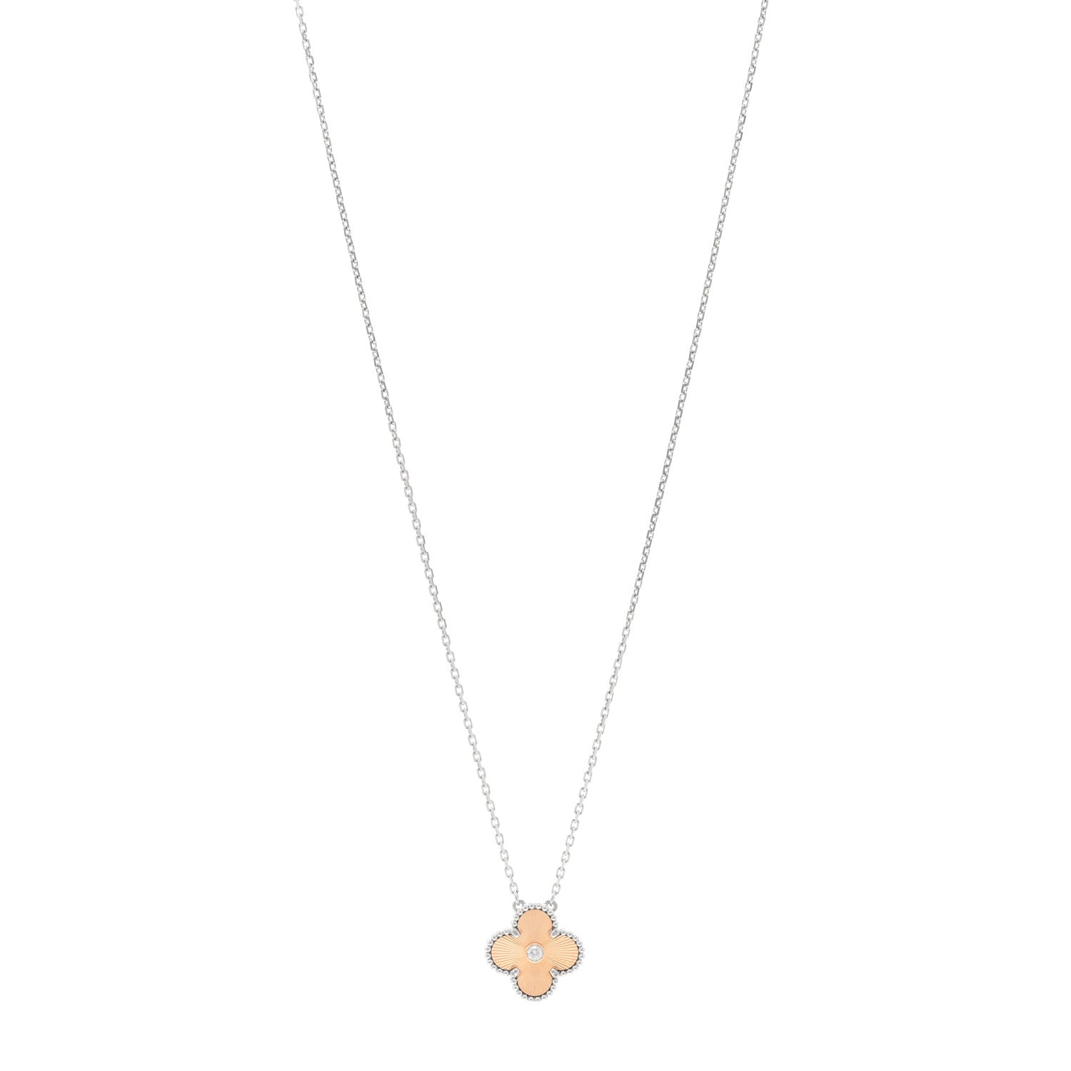 Van Cleef & Arpels 18K White Rose Gold Diamond Guilloche Vintage Alhambra Pendant Necklace 1 of 5