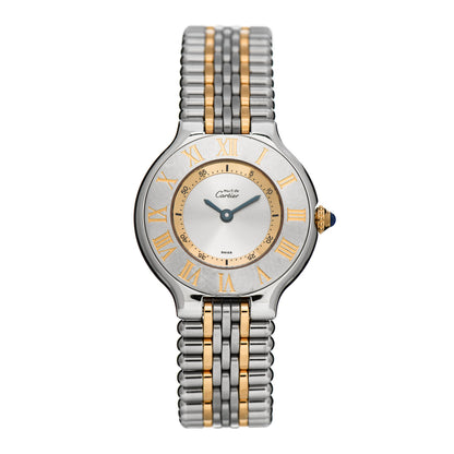 Cartier Stainless Steel 18K Yellow Gold 28mm Must De 21 Bullet Link Quartz Watch 1 of 7