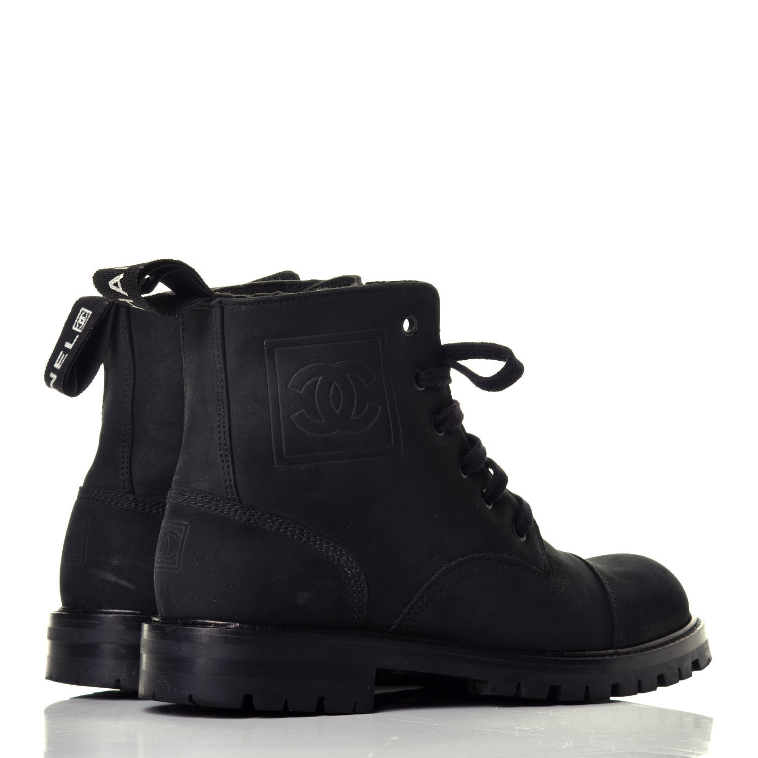 Chanel Calfskin Suede Quilted Lace Up Combat Boots 38 Black 4 of 8
