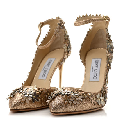 Jimmy Choo Glitter Floral Embellished Lorelai 100 Pumps 37 Champagne 4 of 10