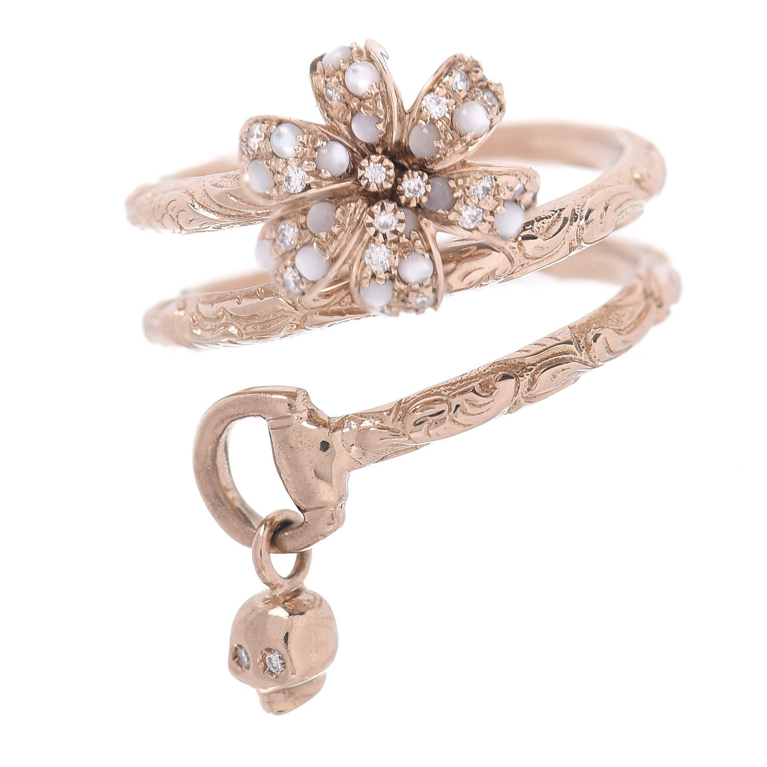 Gucci 18K Yellow Gold Diamond Mother of Pearl Flora Wrap Ring 54 6.75 1 of 5