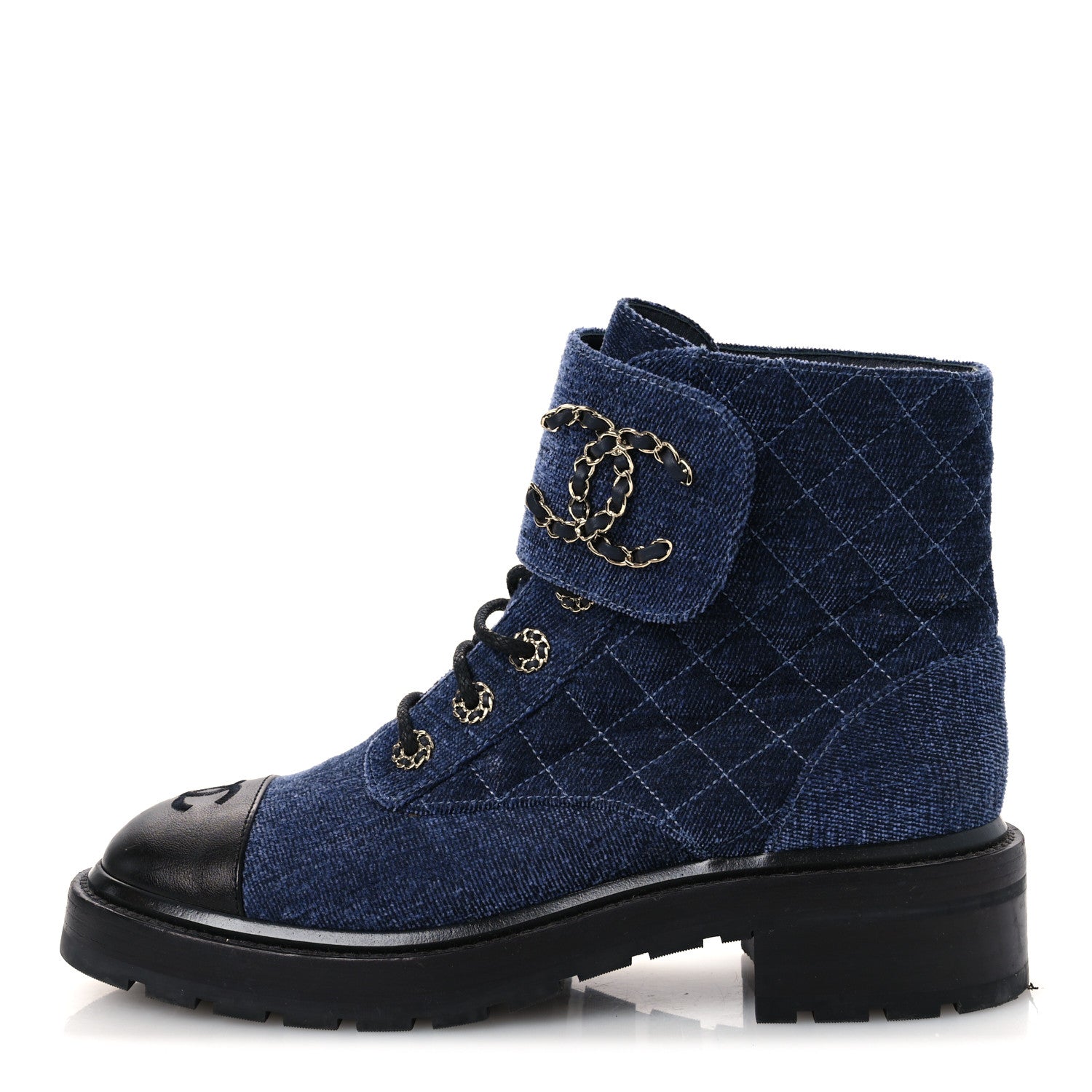 Chanel Shiny Calfskin Velvet Quilted Lace Up Combat Boots 39.5 Blue Black 1 of 12
