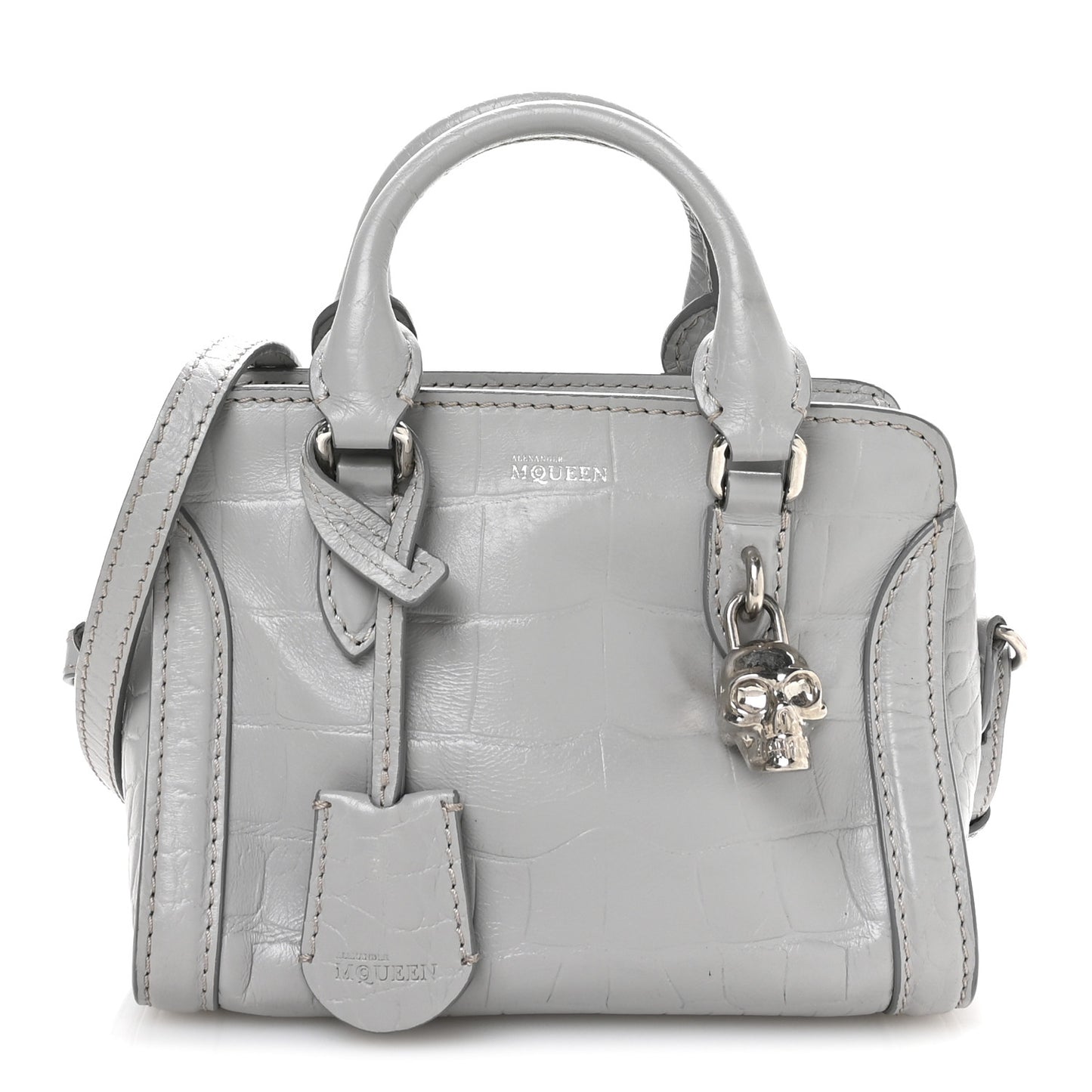 Calfskin Crocodile Embossed Mini Skull Padlock Zip Around Tote Grey