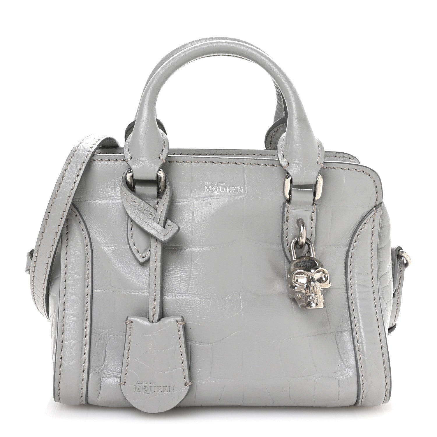 Alexander McQueen Calfskin Crocodile Embossed Mini Skull Padlock Zip Around Tote Grey 1 of 11